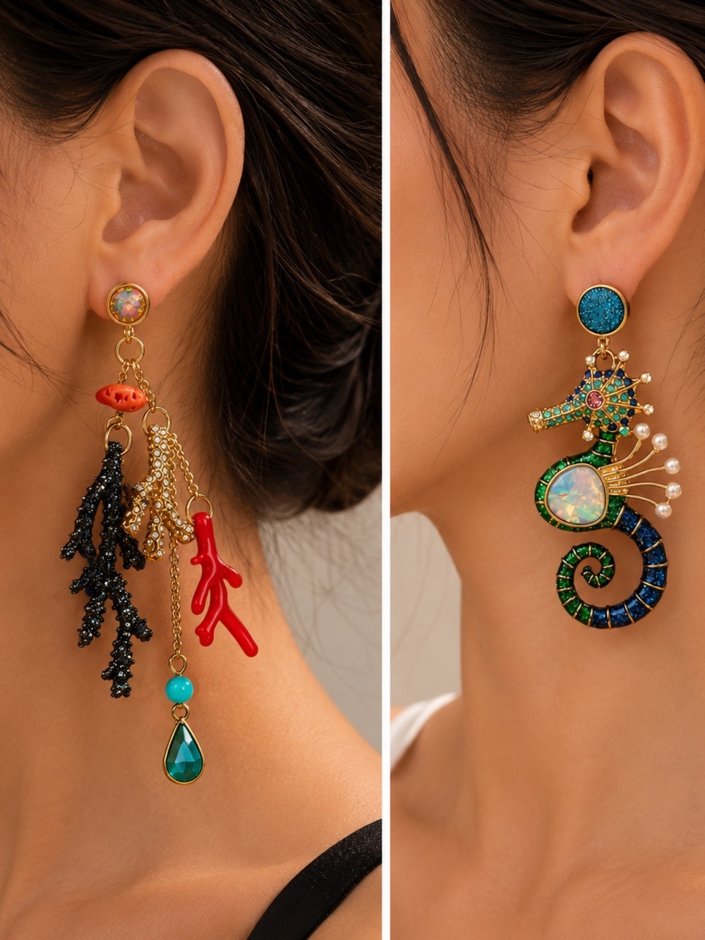 Rare Seahorse Coral Statement Earrings Coastal Mermaid Ocean Jewelry Boho Glam